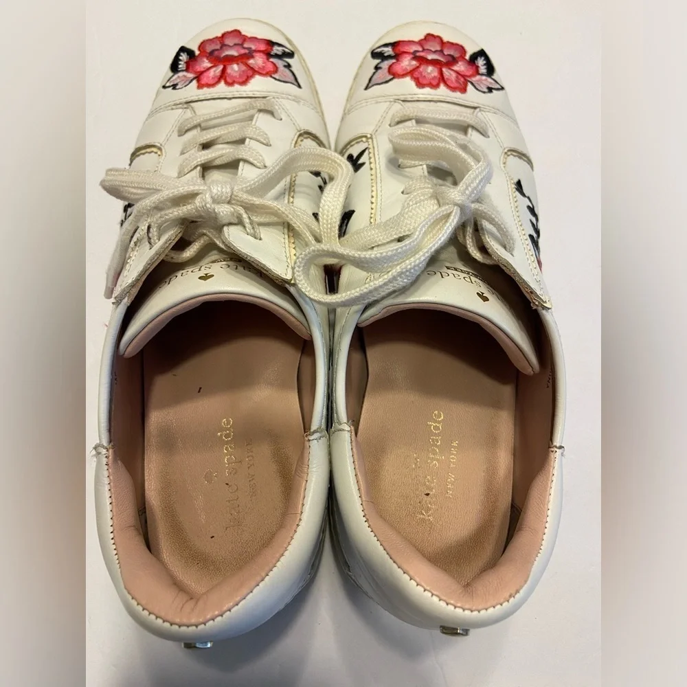 KATE SPADE EVERHART FLORAL LEATHER SHOES EMBROIDERED WHITE SNEAKERS SIZE 9.5